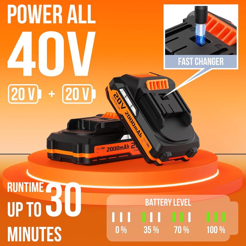 VARSK 20V String Trimmer Cordless, 12 Inch 2 in 1 Trimmer and Edger, Automatic Line Feed, Includes 2 X 2.0Ah Batteries/1 X Fast Charger/6 X Spare Spools, for Lawn, Garden, etc, Orange - Image 4